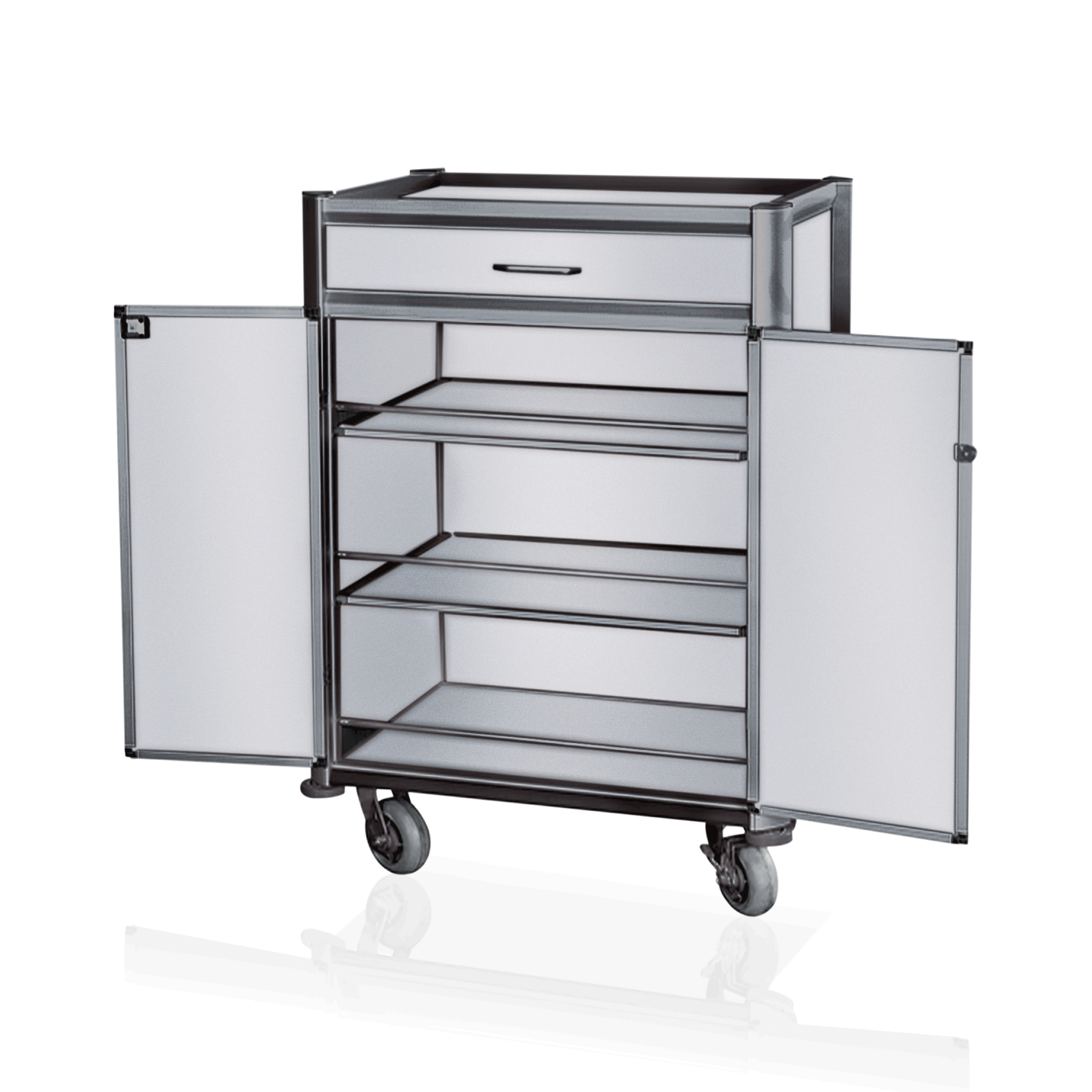 Minibarversorgungswagen - 65 kg - Kantenprofile aus Aluminium/Borde und Seitenteile aus MDF - 4 schw