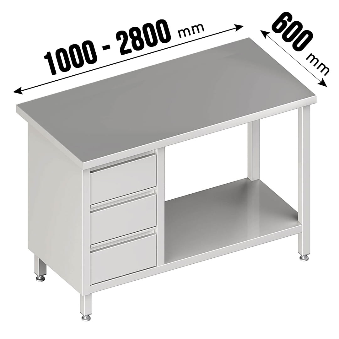 Arbeitstisch, ohne Aufkantung, Grundboden, 3 Schubladen links, Tiefe 600mm