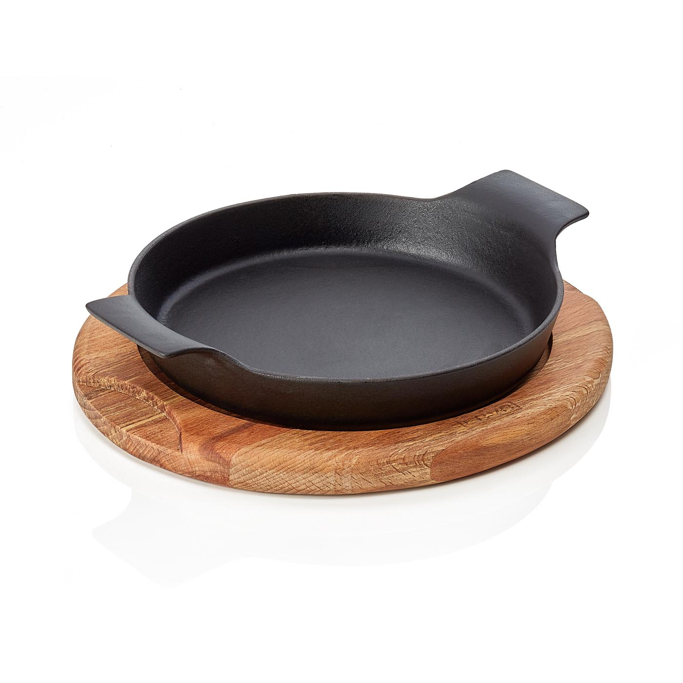 Bratpfanne | Servierpfanne EisenStil, rund, Holzuntersetzer, Ø 180 mm, Gußeisen emailliert, schwarz