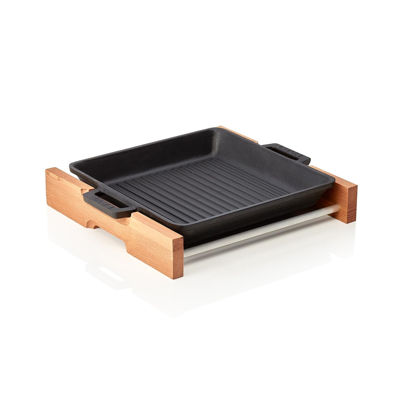 Grillpfanne | Servierpfanne EisenStil mit Holzuntersetzer, Gußeisen, schwarz, Seitengriffe, 260 mm
