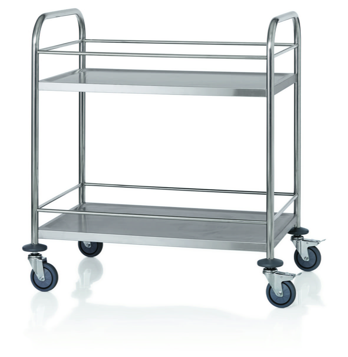 Servierwagen Edelstahl, Reling, 4 Rollen mit Rammschutz, belastbar