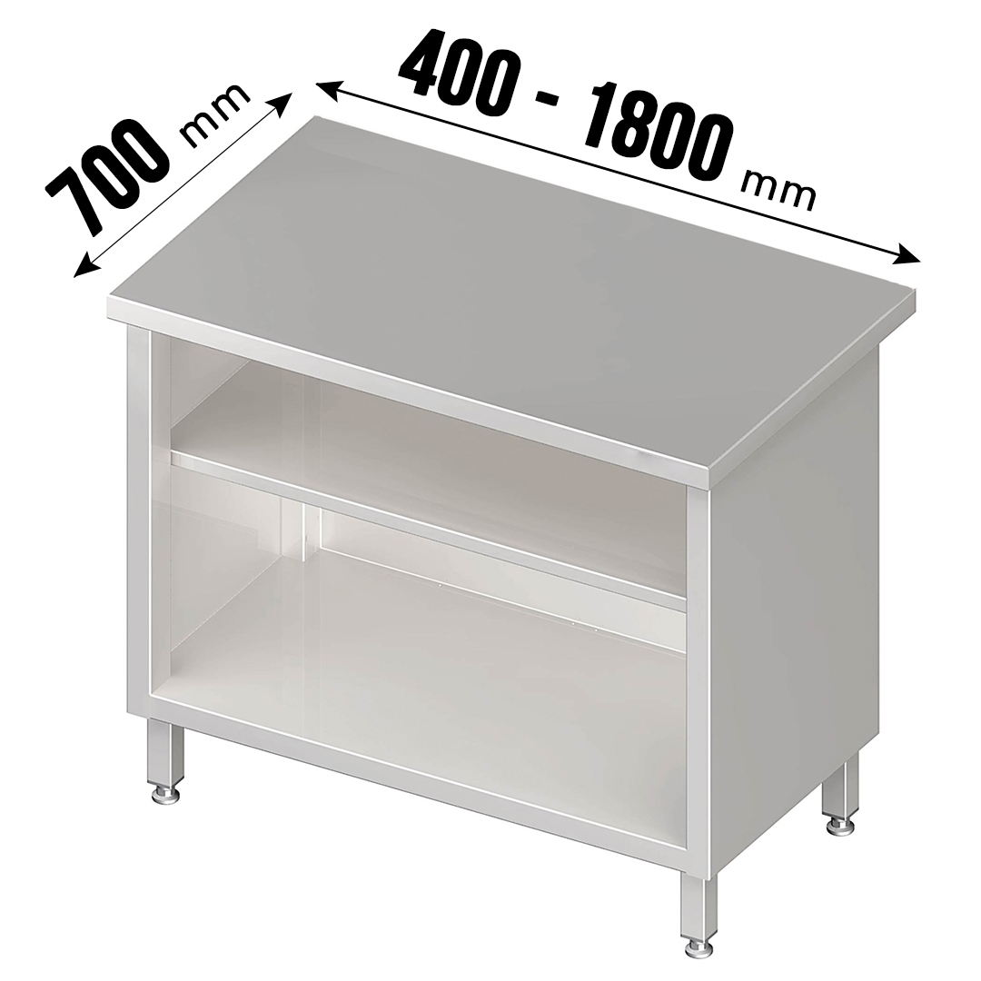 Arbeitsschrank, vorne offen, ohne Aufkantung, 1 höhenverstellbarer Einlegeboden, Edelstahl rostfrei