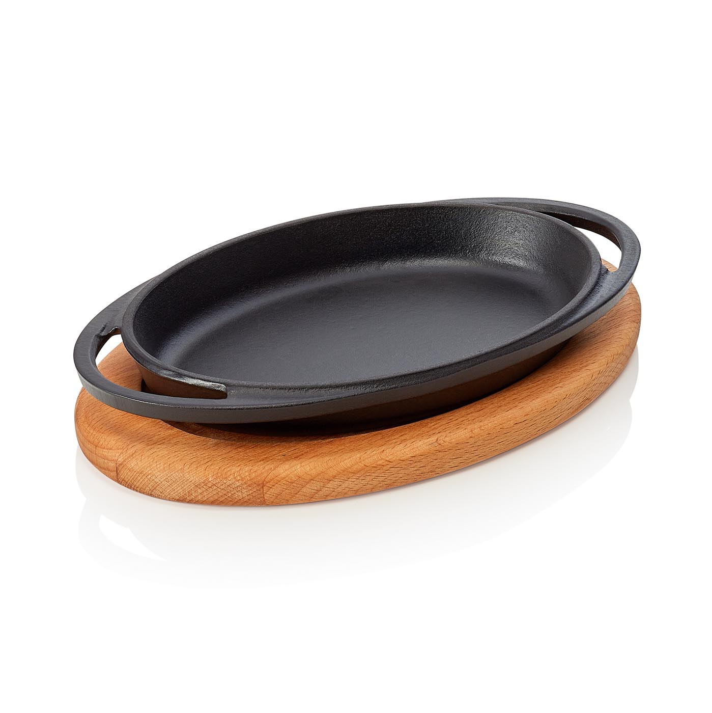 Bratpfanne | Servierpfanne EisenStil, oval, Holzuntersetzer, Gußeisen emailliert, 2 Griffe, schwarz