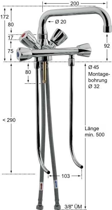 Spültheken-Einlochbatterie 1/2", für drucklose Speicher und 2 Becken