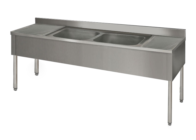 STOCK Spültisch, 2 Becken mittig, Abtropf links+rechts, offener Unterbau, runde Beine