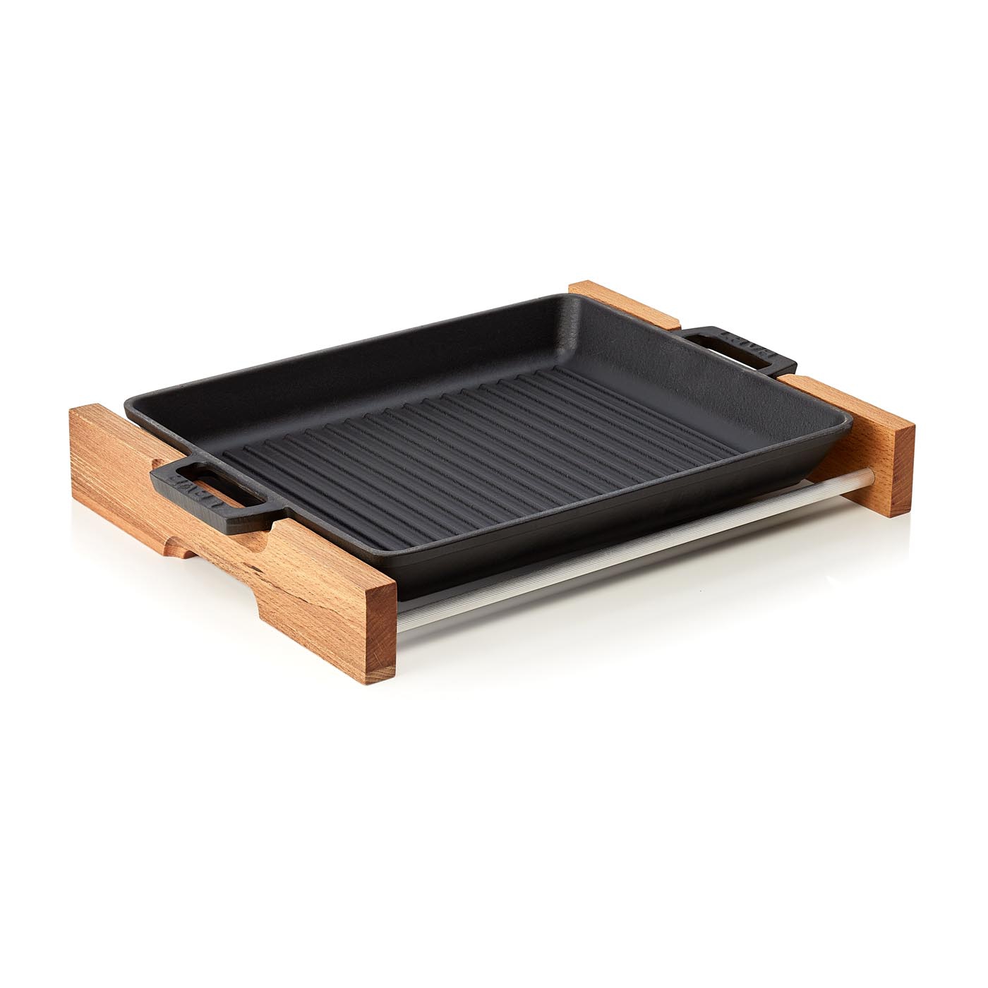 Grillpfanne | Servierpfanne EisenStil mit Holzuntersetzer, Gußeisen, schwarz, Seitengriffe, 320 mm
