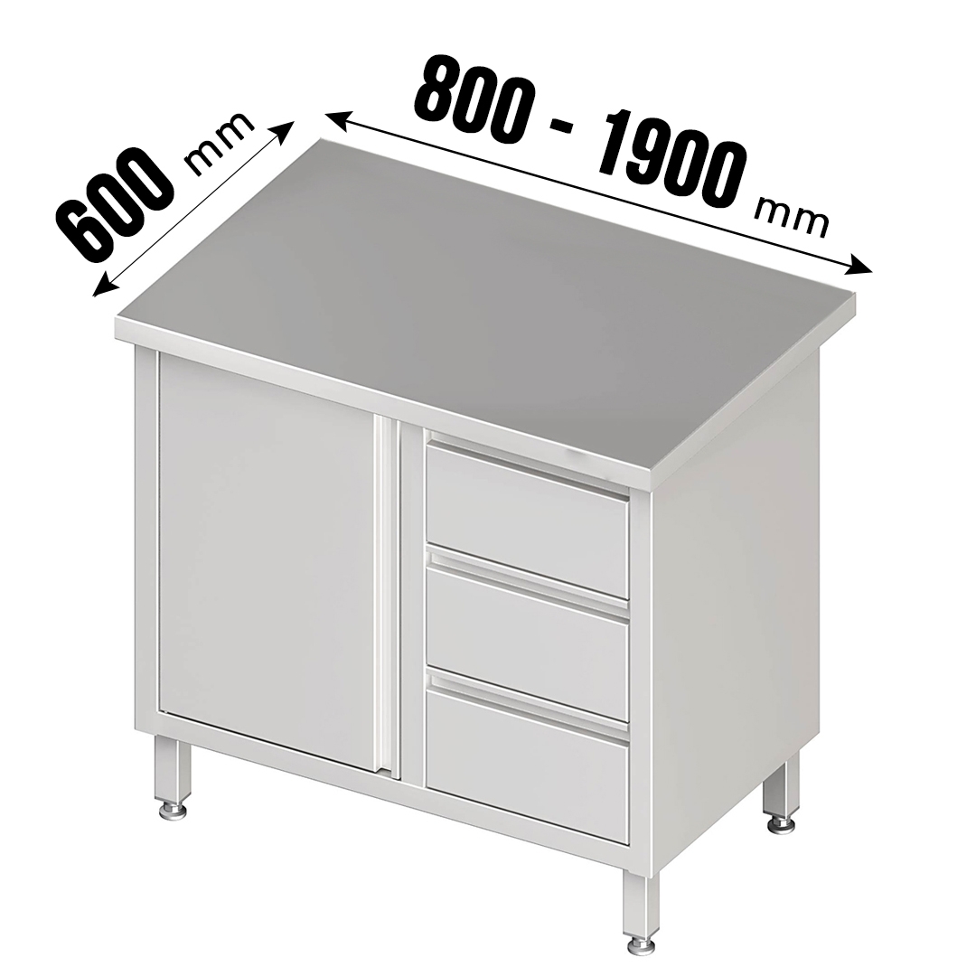 Arbeitsschrank, Flügeltüren, ohne Aufkantung, 3 Schubladen rechts, Tiefe 600mm