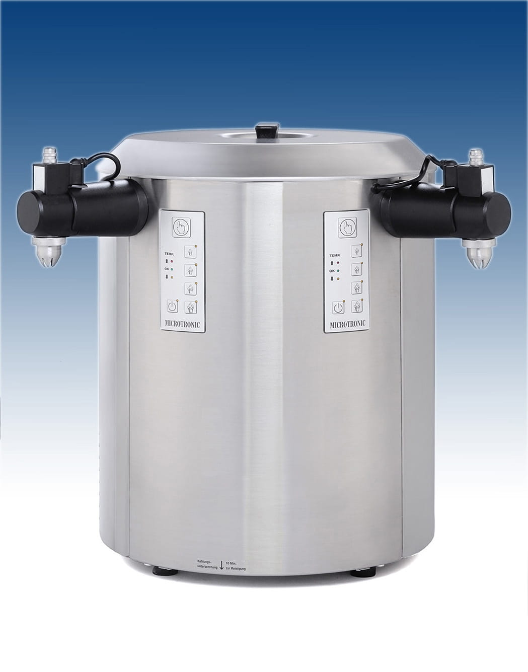 Sahnemaschine 2 x 6 Liter, Bedienfelder mittig zwischen den Zapfhähnen, Leistung je Zapfhahn ca. 90