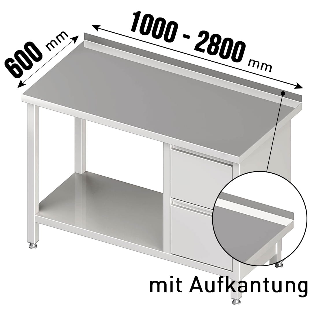 Arbeitstisch, Aufkantung, Grundboden, 2 Schubladen rechts, Tiefe 600mm