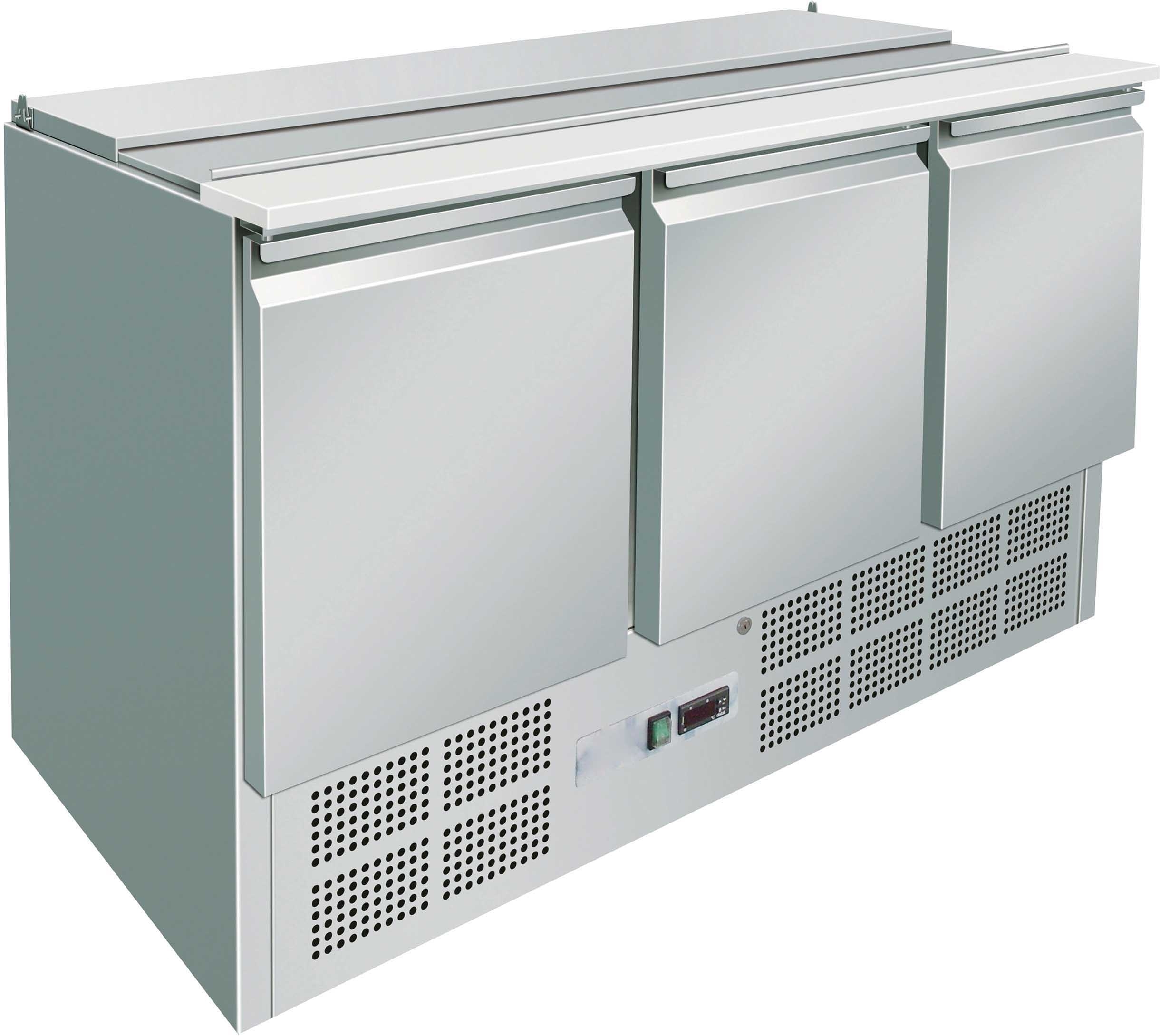Saladette 400 ltr. mit 3 Türen für 4x GN 1/1-150mm. Umluft, Temperatur +2°C / +8 °C