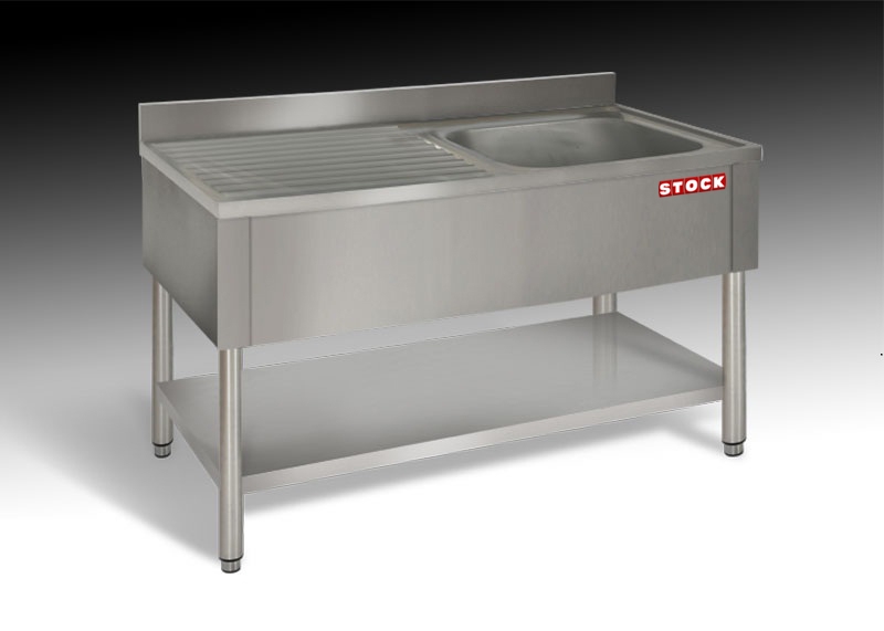 STOCK Spültisch, 1 Becken rechts, Abtropf links, offener Unterbau mit Grundboden, runde Beine