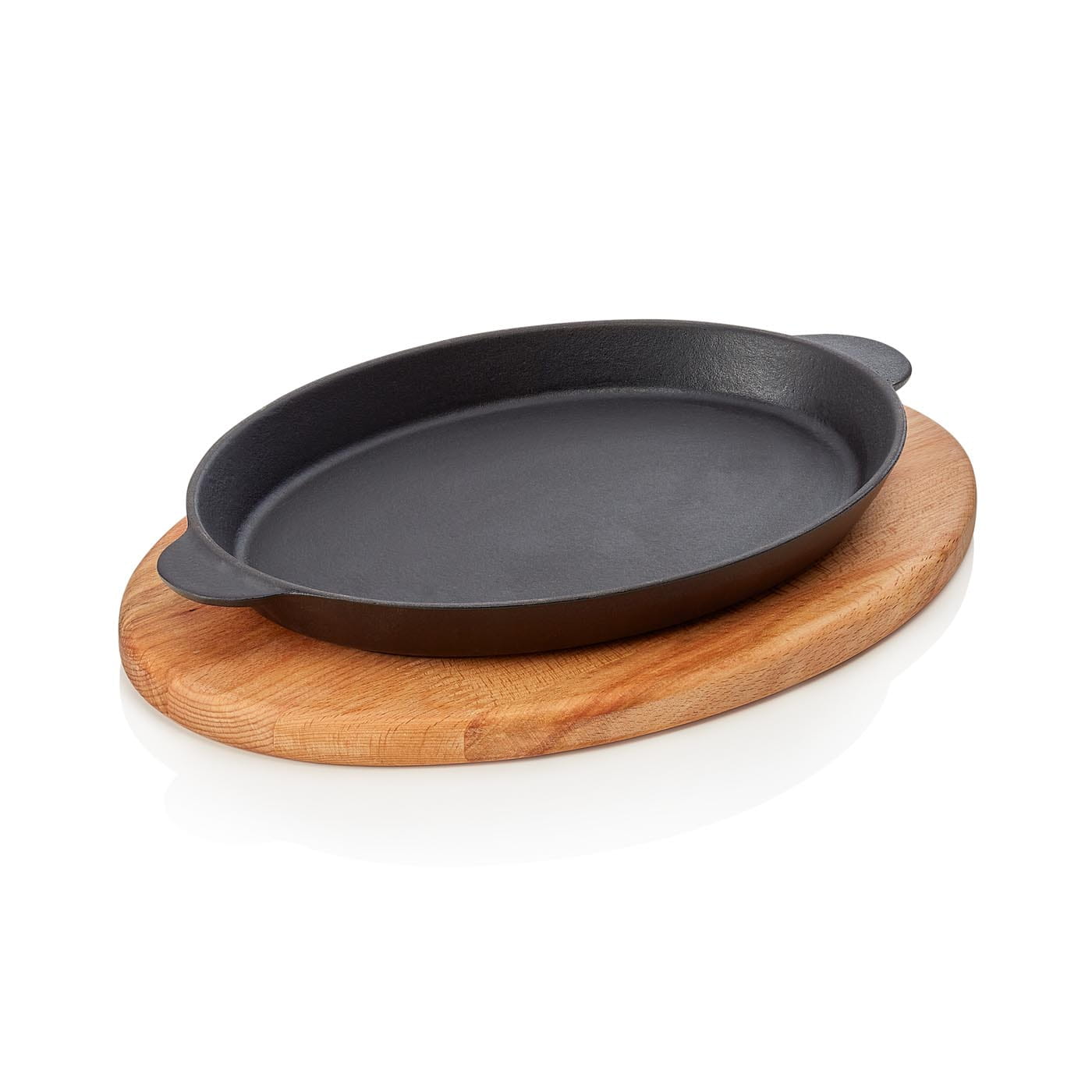 Bratpfanne | Servierpfanne EisenStil, oval, Holzbrett, Gußeisen, 2 gebogene Griffe, schwarz