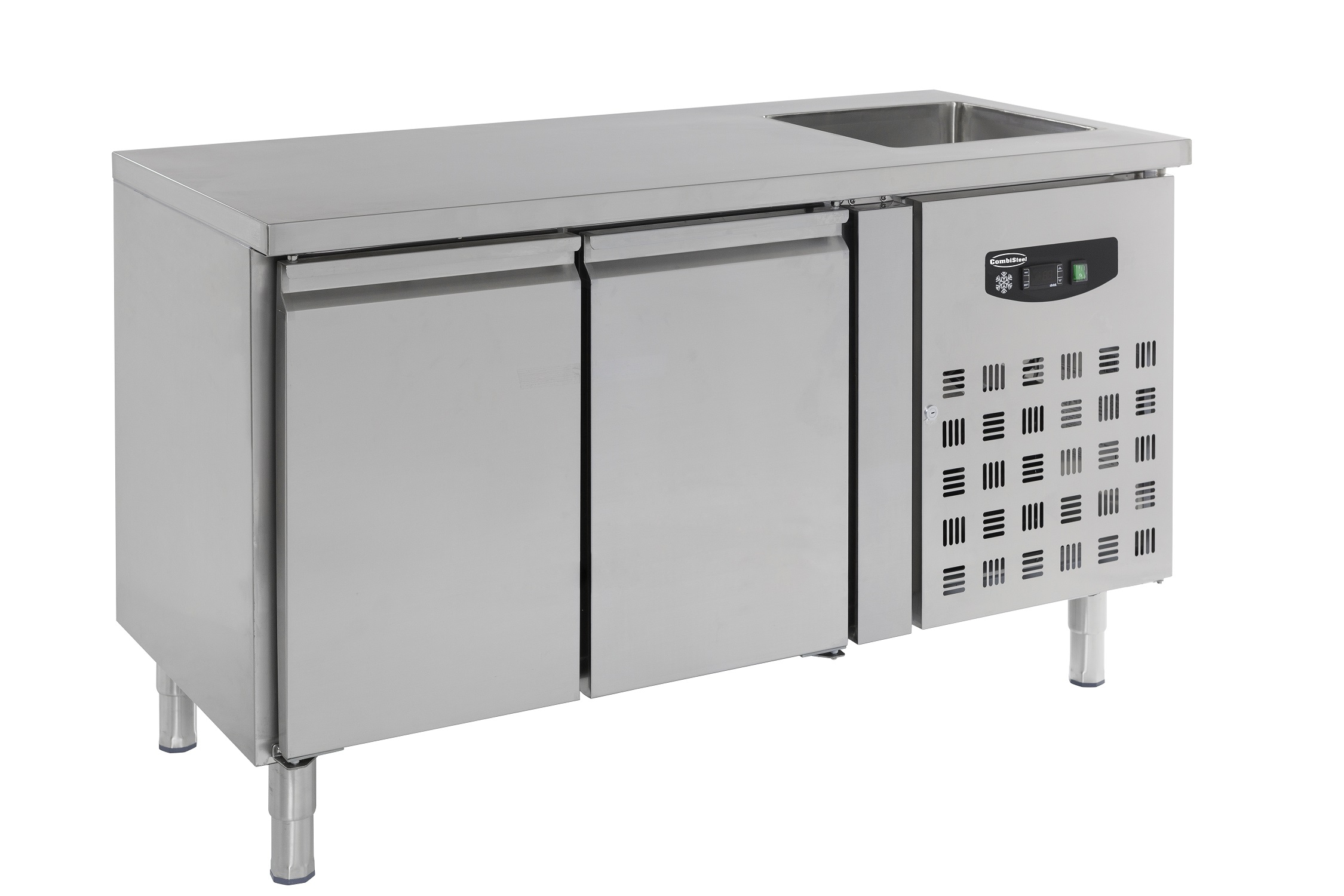 Kühltisch mit Spülbecken, 2 xGN 1/1, -2 bis +8 °C, Edelstahl, Umluftkühlung, automatische Abtauung