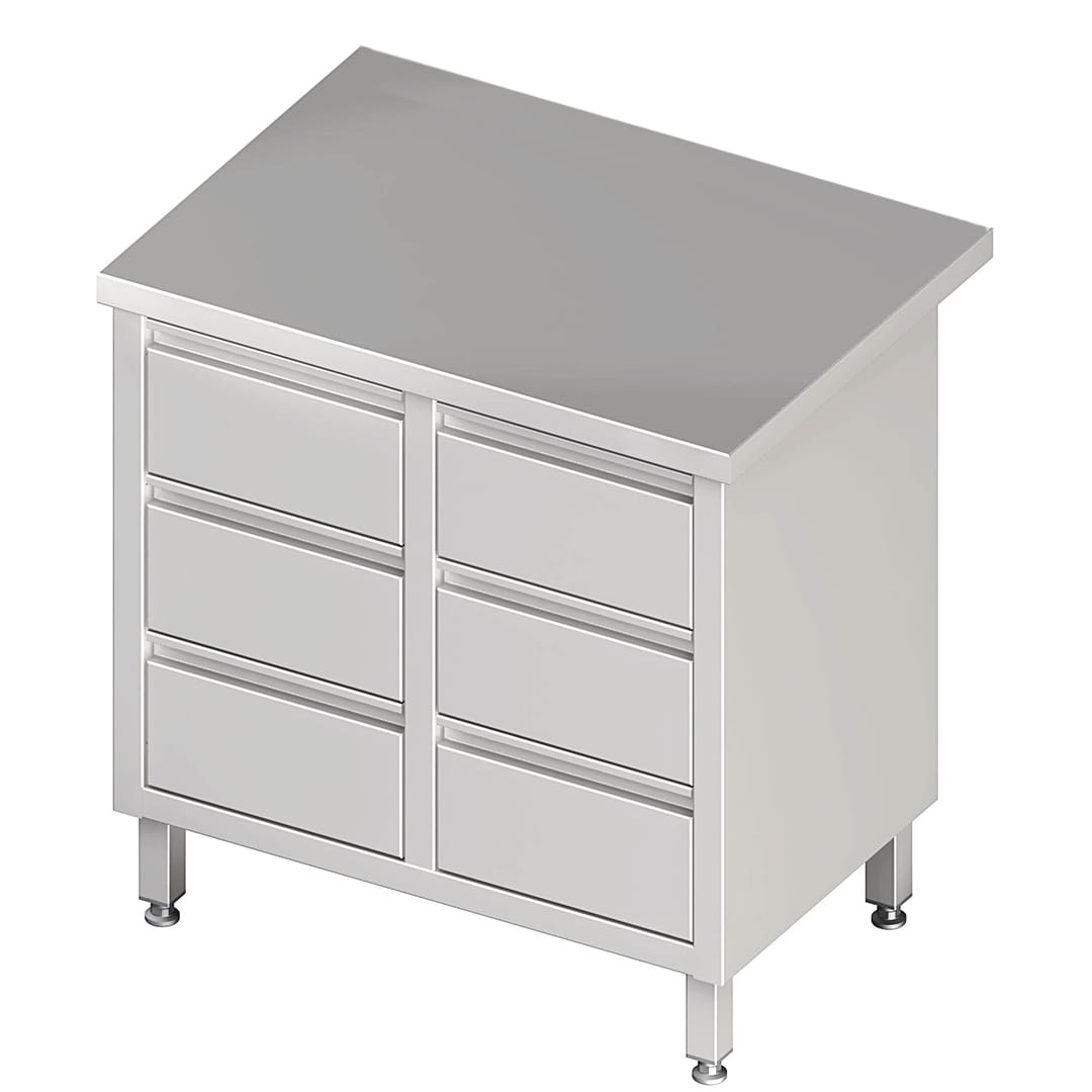 Schubladenschrank mit 2 x 3 Schubladen, ohne Aufkantung, Edelstahl rostfrei, Tiefe 600mm