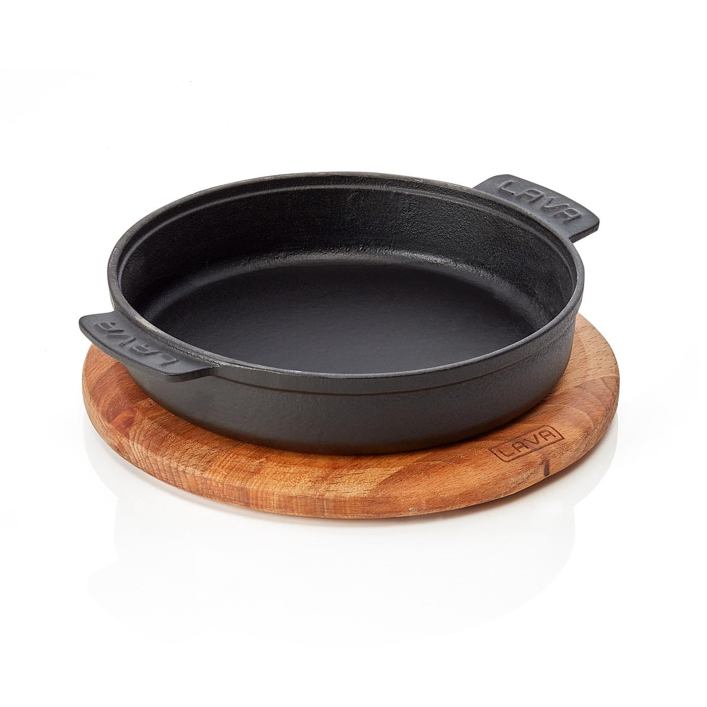 Bratpfanne | Servierpfanne EisenStil, rund, Holzbrett, Ø 170 mm, Gußeisen emailliert, schwarz