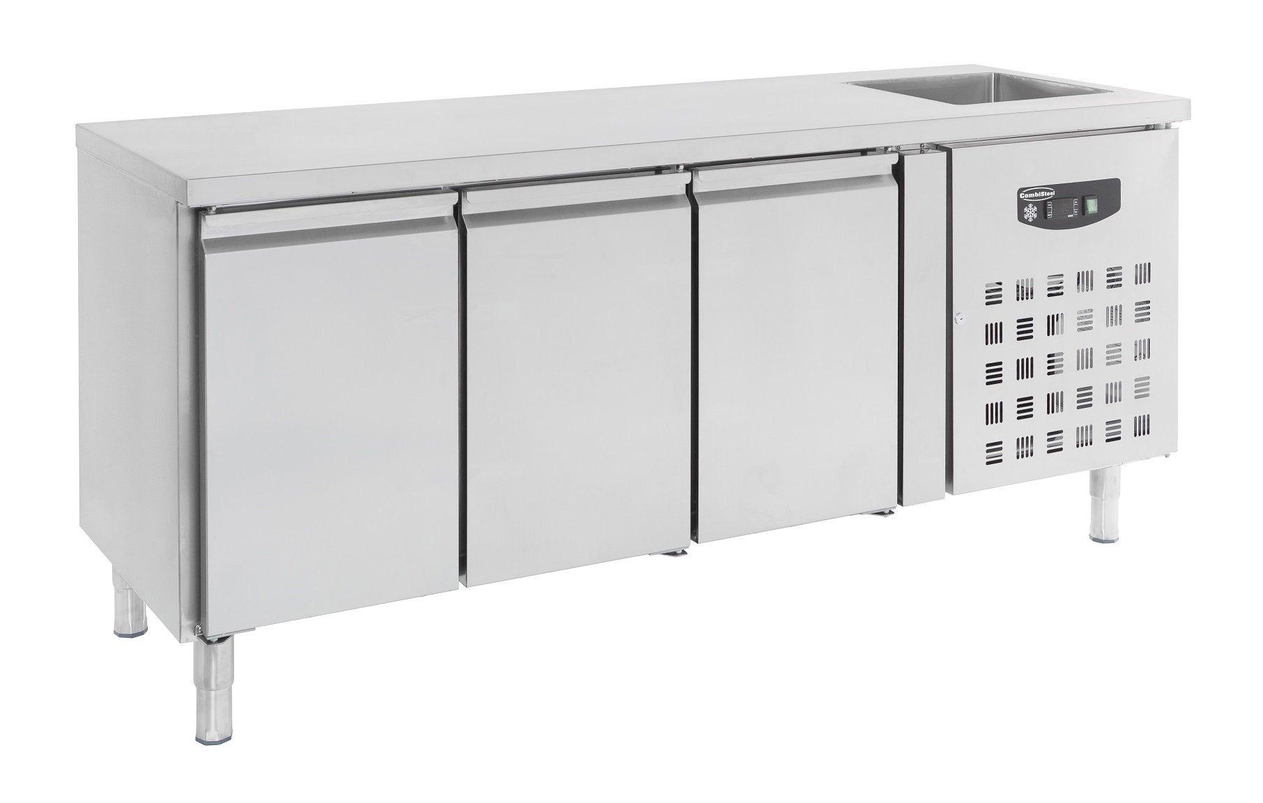Kühltisch mit Spülbecken, 3 x GN 1/1, -2 bis +8 °C, Edelstahl, Umluftkühlung, automatische Abtauung