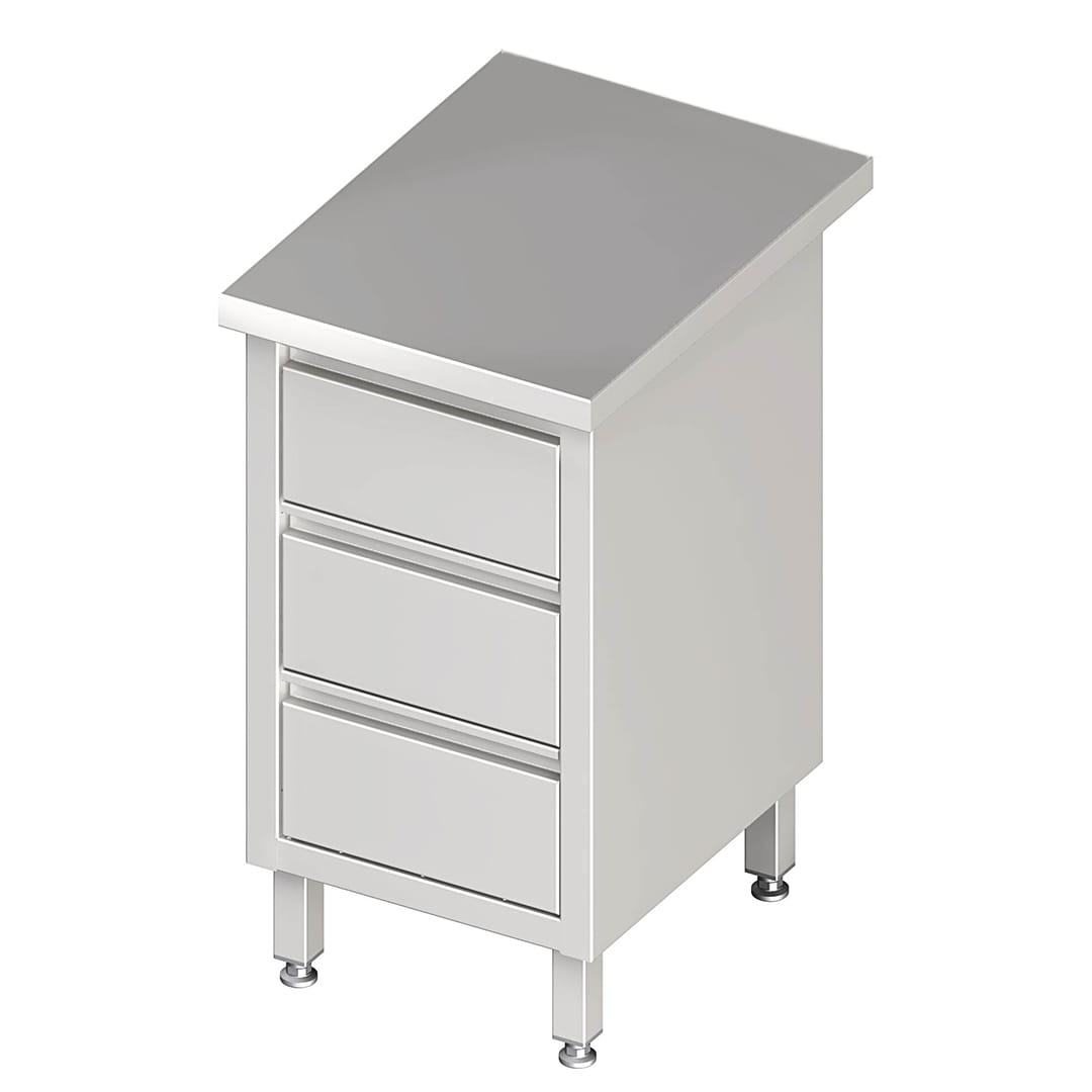 Schubladenschrank mit 3 Schubladen, ohne Aufkantung, Edelstahl rostfrei, Tiefe 600mm