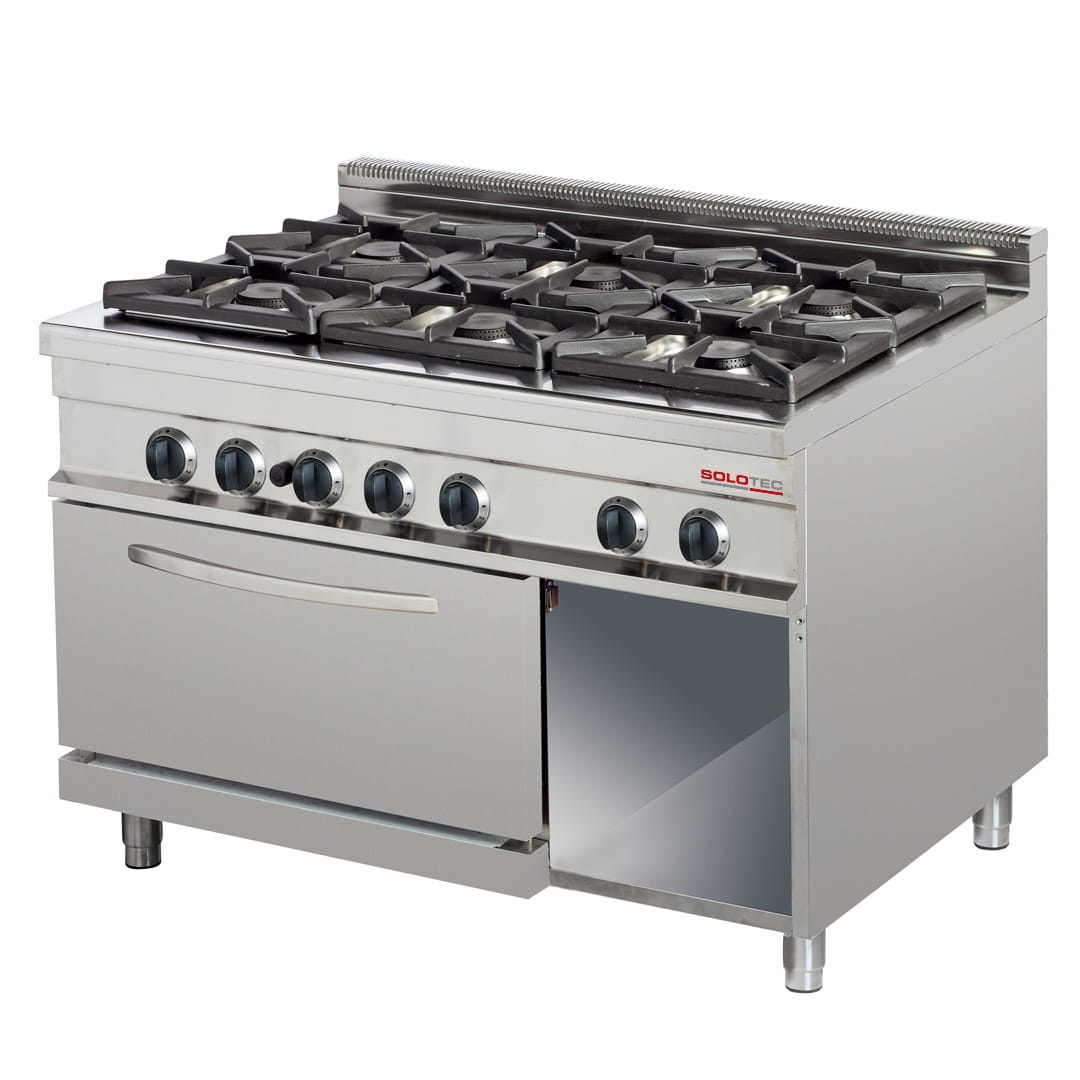 6-Flammen-Gasherd mit Gas-Backofen 2/1 GN u. offenem Fach - SOLOTEC 900