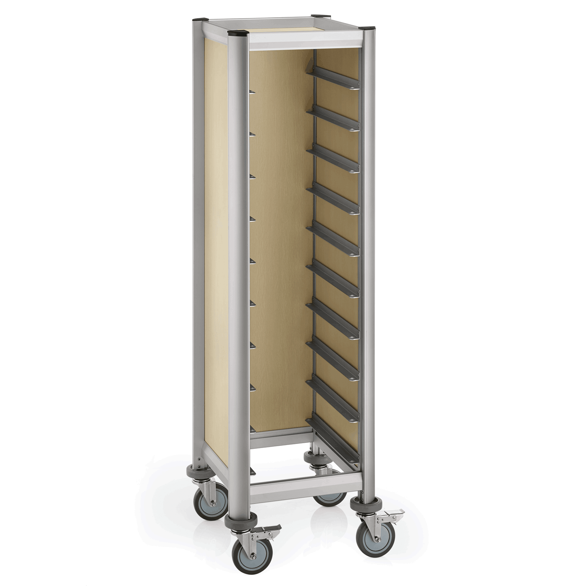Tablettwagen, helle Holzoptik, passend für Tabletts 455x355 mm, 10 Schienen/Abstand 130 mm