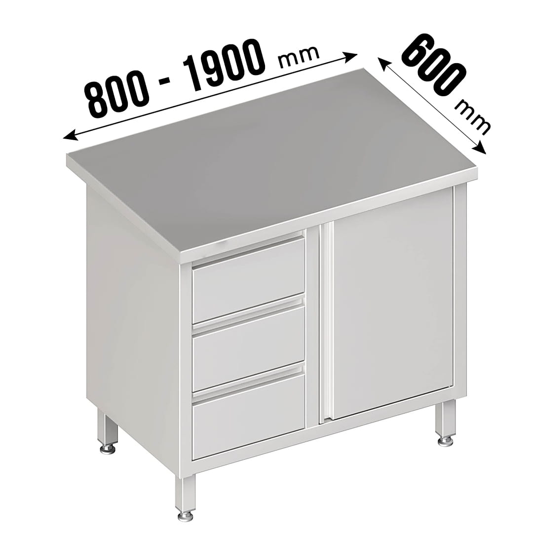 Arbeitsschrank, Flügeltüren, ohne Aufkantung, 3 Schubladen links, Tiefe 600mm