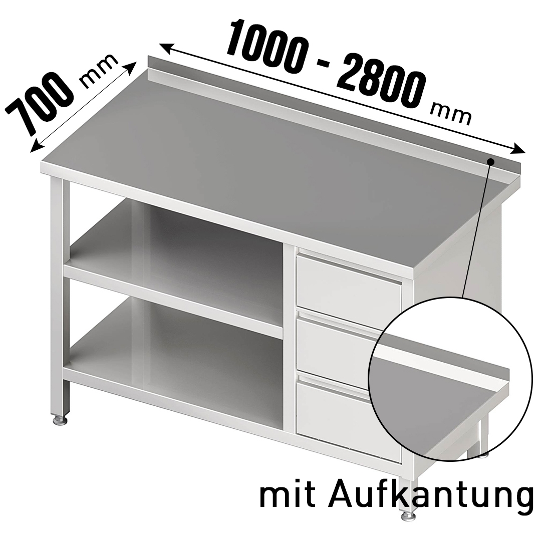 Arbeitstisch, mit Aufkantung, mit Grundboden, mit Zwischenboden, mit 3er Schubladenblock rechts