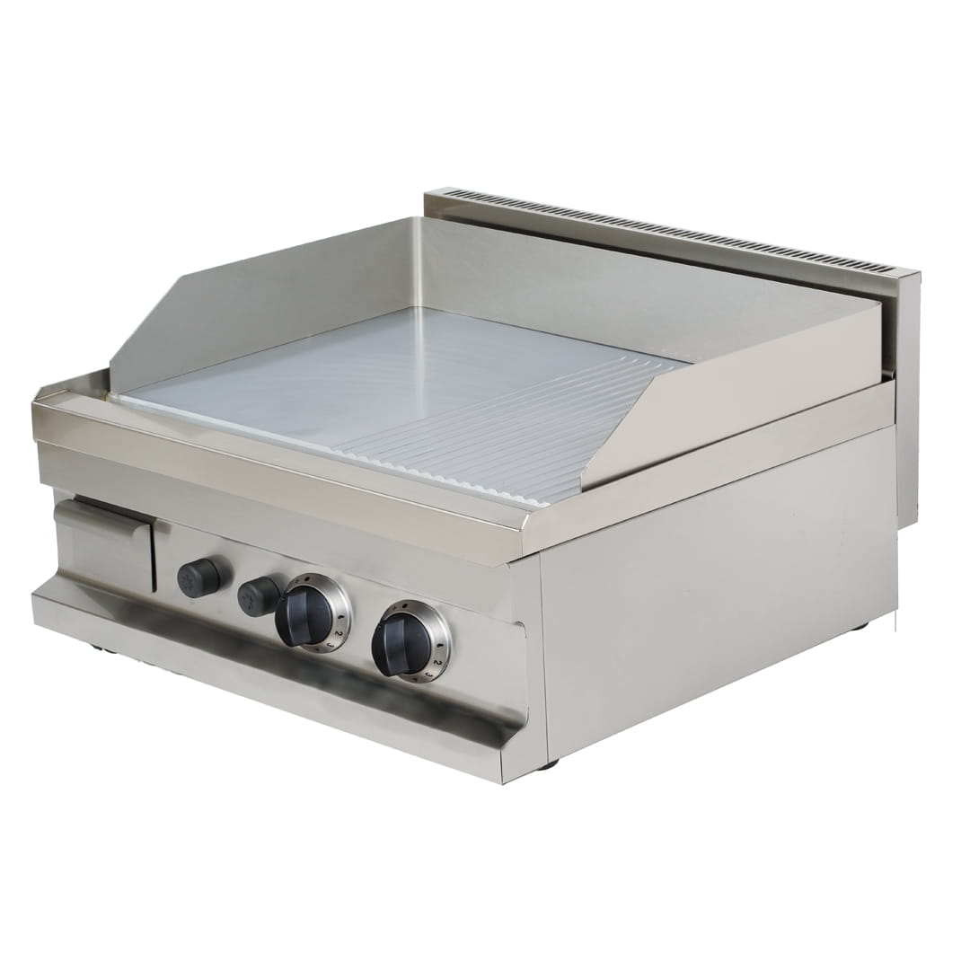 Gas-Bratplatte, 1/2 glatt | 1/2 geriffelt, hartverchromt, Geräteoberteil - SOLOTEC 600