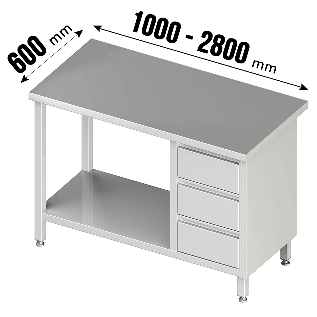 Arbeitstisch, ohne Aufkantung, Grundboden, 3 Schubladen rechts, Tiefe 600mm