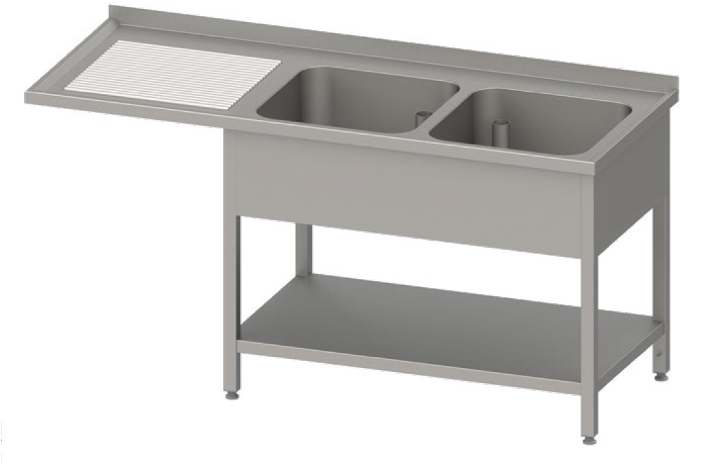 Spültisch, mit Aufkantung, mit zwei Becken, mit Grundboden, mit Überstand