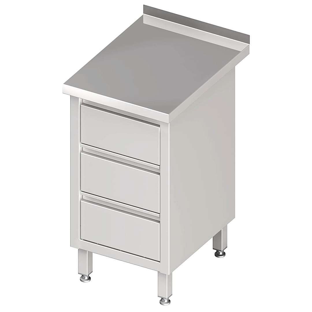 Schubladenschrank, 3 Schubladen, Aufkantung, Edelstahl rostfrei, Tiefe 600mm