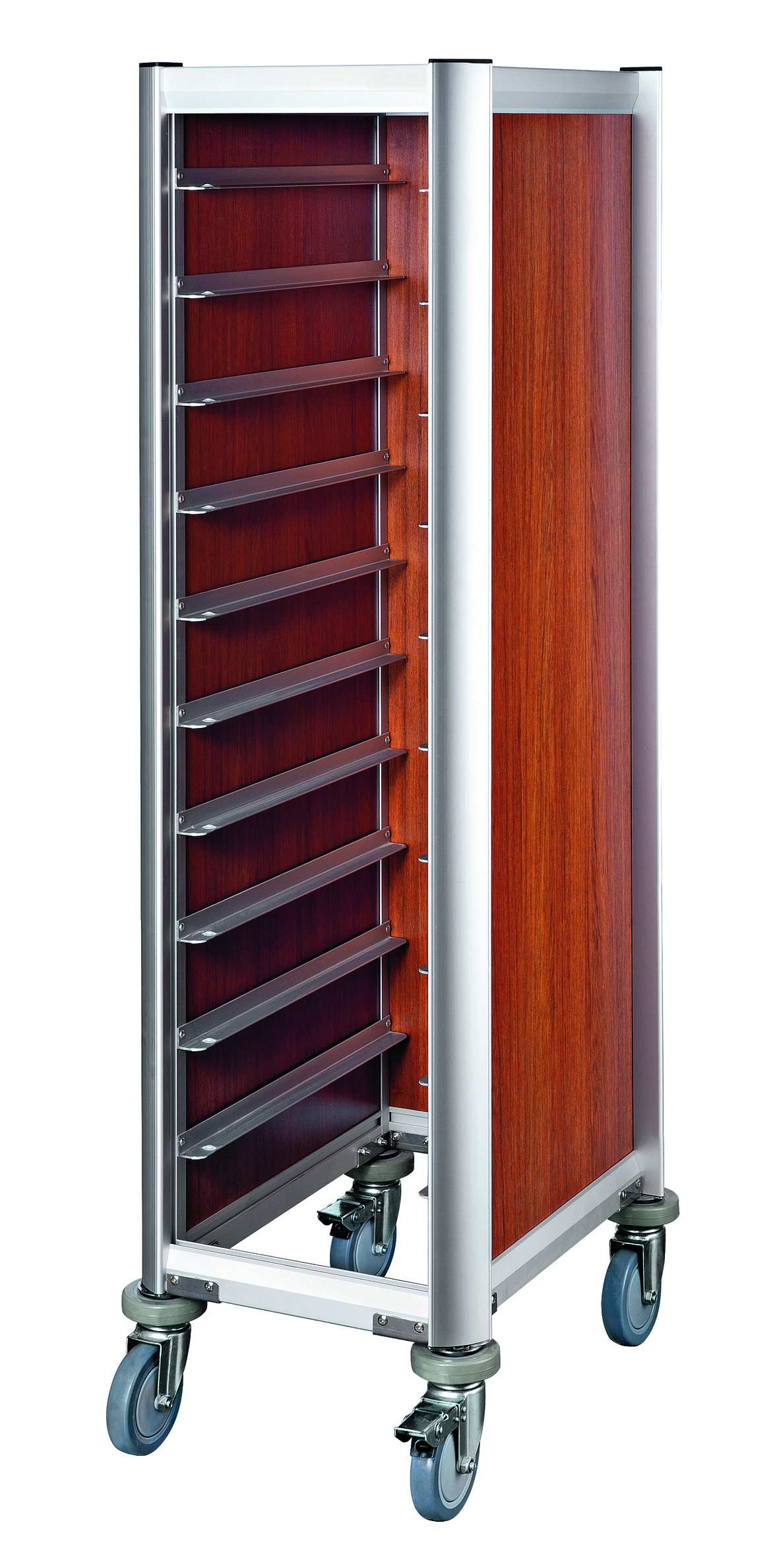 Tablettwagen, dunkle Holzoptik, passend für Tabletts GN 1/1, 10 Schienen/Abstand 130 mm