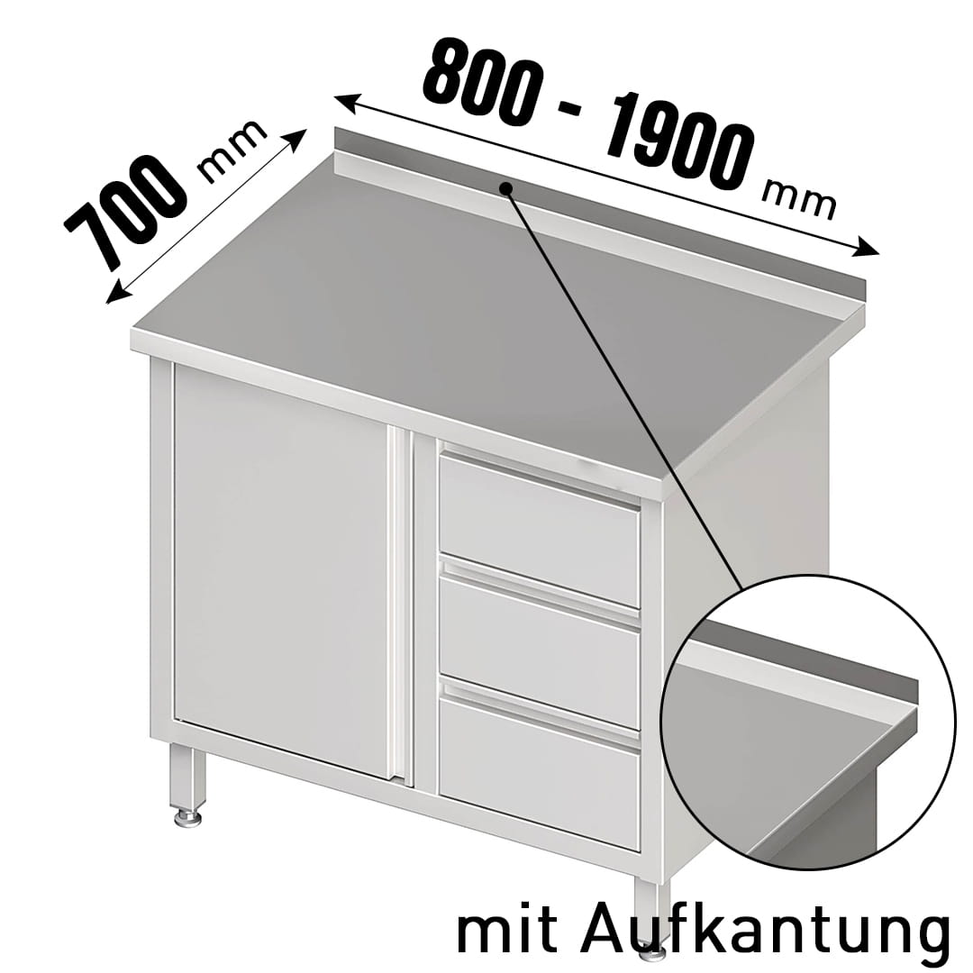 Arbeitsschrank, mit Flügeltüren, mit Aufkantung, mit 3er Schubladenblock rechts, 1 höhenverstellbare