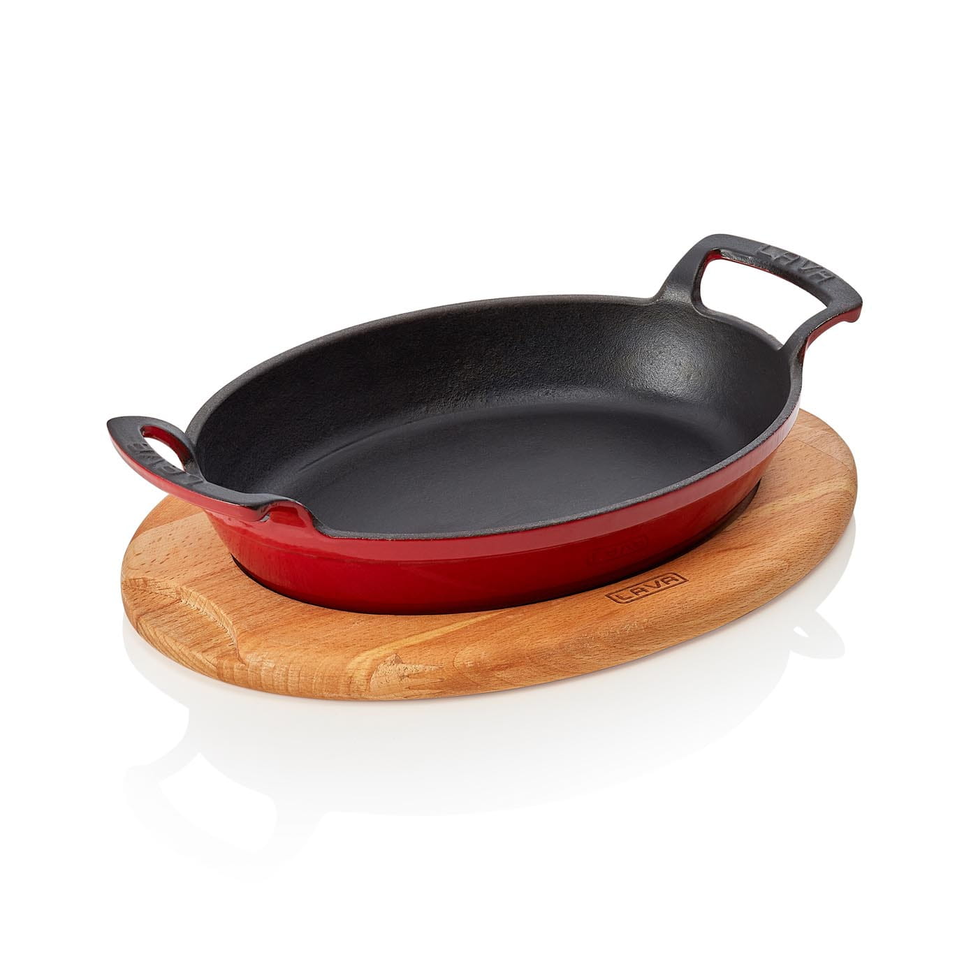 Bratpfanne | Servierpfanne EisenStil, oval, Holzuntersetzer, Gußeisen emailliert, 2 Griffe, rot