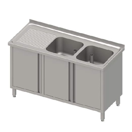 Spülschrank, Aufkantung, Flügeltüren, 2 Becken, Überlaufrohr, Tiefe 600mm