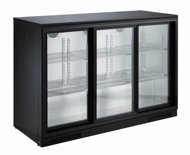 Barkühlschrank, 298 Liter, +2 bis +10 °C, 3 Schiebetüren, Umluftkühlung, schwarz